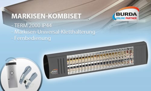 Markisen-Set 1 x 1,5 kW - Heizstrahler BURDA TERM 2000 IP44 + Remote + Universal Markisen-Kletthalterung