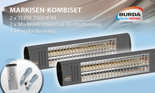 Markisen-Set 2 x 1,5 kW - Heizstrahler BURDA TERM 2000 IP44 + Remote + Universal Markisen-Kletthalterung