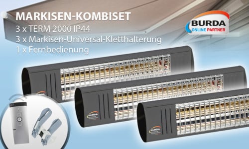 Markisen-Set 3 x 1,5 kW - Heizstrahler BURDA TERM 2000 IP44 + Remote + Universal Markisen-Kletthalterung